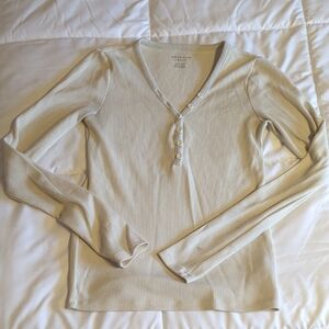 American Eagle Outfitters Cream Ribbed Long Sleeve Top